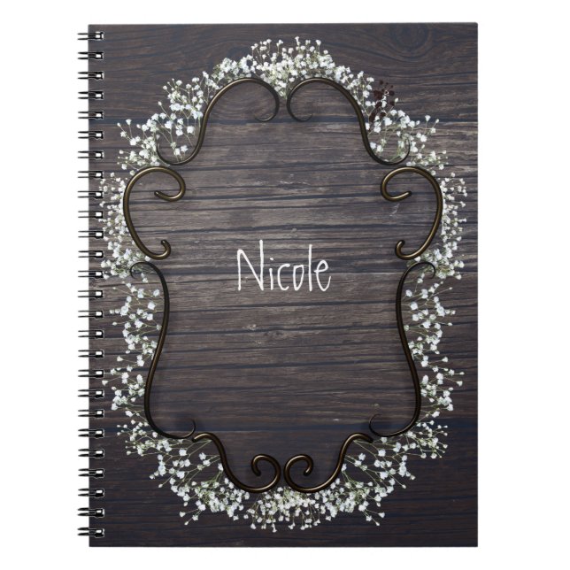Rustic Country Western Babys Breath & Wood Notebook (Front)