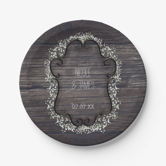 Rustic Country Western Babys Breath & Wood Paper Plate (Front)
