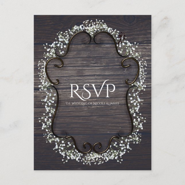 Rustic Country Western Babys Breath & Wood RSVP Invitation Postcard (Front)