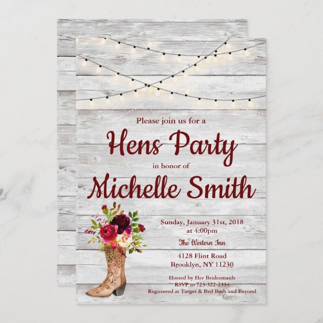 Rustic Country Western Boot Vintage Hens Party Invitation (Front/Back)