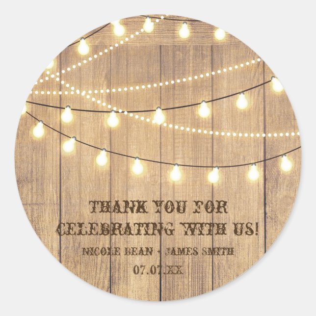 Rustic Country Western Wood & Lights Wedding Favou Classic Round Sticker (Front)
