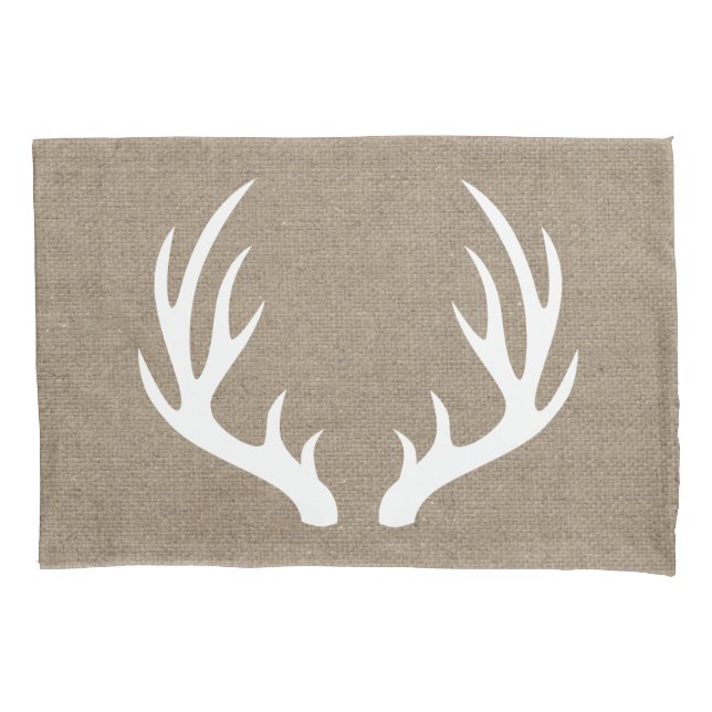 Rustic Country White Deer Antlers Burlap Pillowcase (Front)