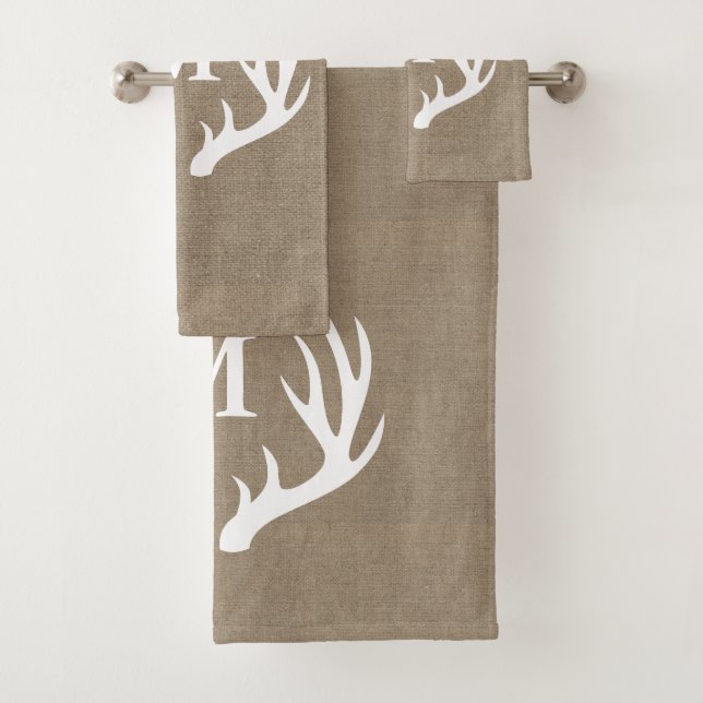Rustic Country White Deer Antlers & Faux Burlap Bath Towel Set (Insitu)