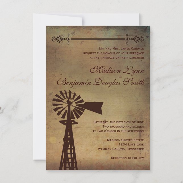 Rustic Country Windmill Farm Wedding Invitations (Front)