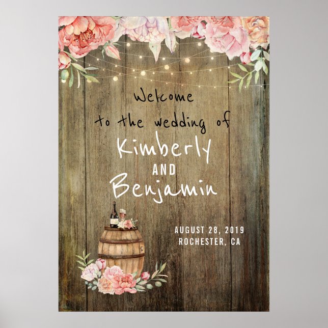 Rustic Country Wine Barrel Wedding Welcome Sign (Front)