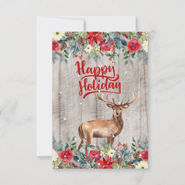 Rustic Country Winter Floral Wood Happy Holiday Card (Front)