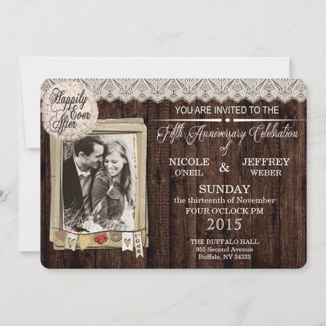 Rustic Country Wood 5 Year Anniversary Invitation (Front)