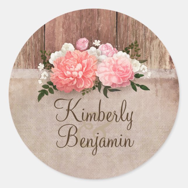 Rustic Country Wood and Burlap Floral Wedding Classic Round Sticker (Front)