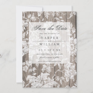 Rustic country wood and lace save the date invitation