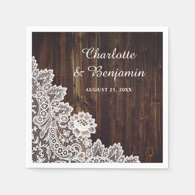 Rustic Country Wood and Lace Wedding Napkins (Front)