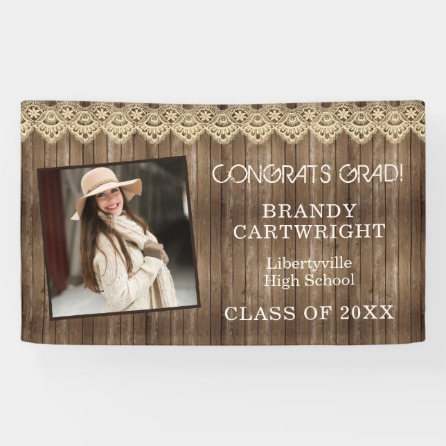 Rustic Country Wood and Lace with Photo Graduation Banner (Horizontal)