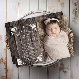 Rustic Country Wood Baby Girl Photo Baptism Invitation