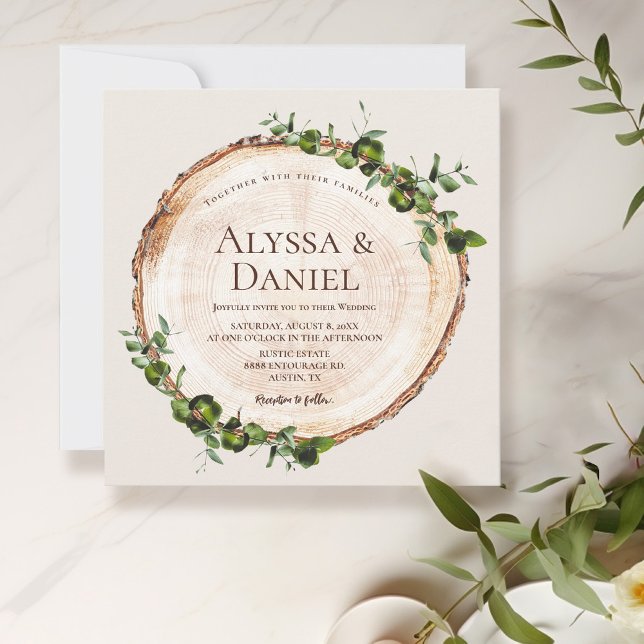 Rustic Country Wood Bark Green Botanical Custom Invitation (Green leaves on Wood cut slice, rustic wedding invitation)