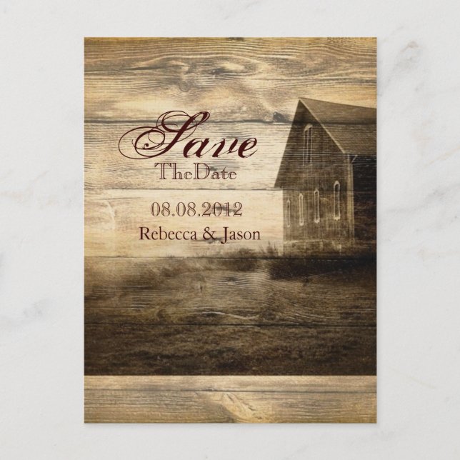 Rustic Country Wood Barn Wedding save the date Announcement Postcard (Front)