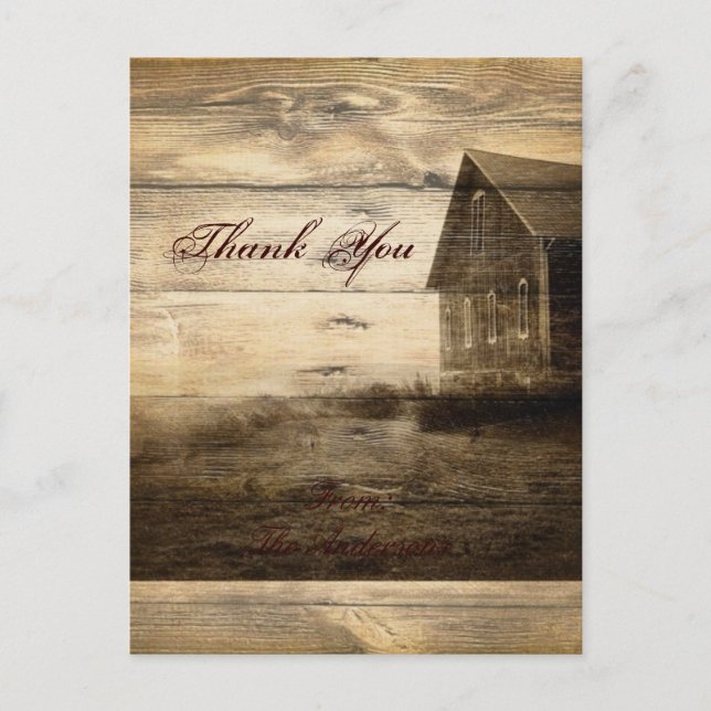 Rustic Country Wood Barn Wedding thank you Postcard (Front)