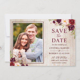 Rustic Country Wood Burgundy Red Floral Photo Save The Date