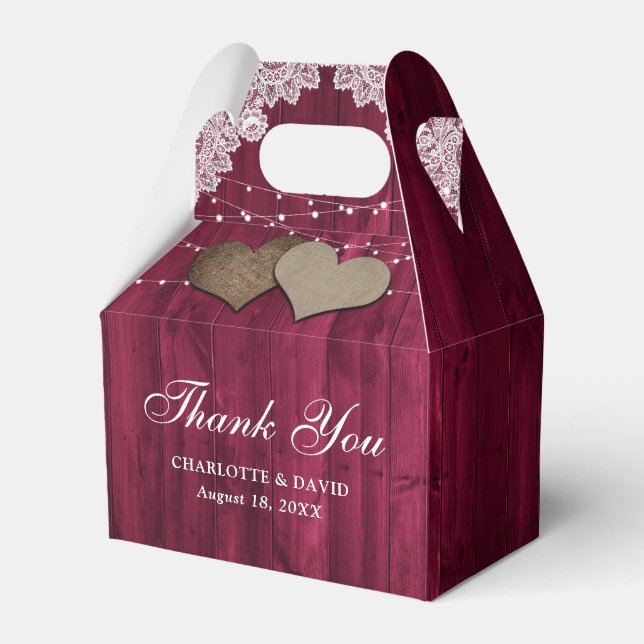Rustic Country Wood Burgundy Wedding Thank You Favour Box (Front Side)