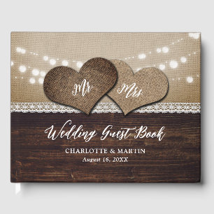 Rustic Country Wood Burlap and Lace Wedding Guest Book