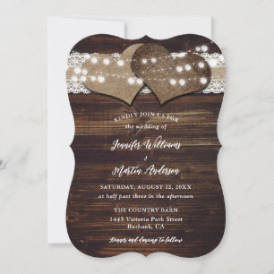 Rustic Country Wood Burlap and Lace Wedding Invitation