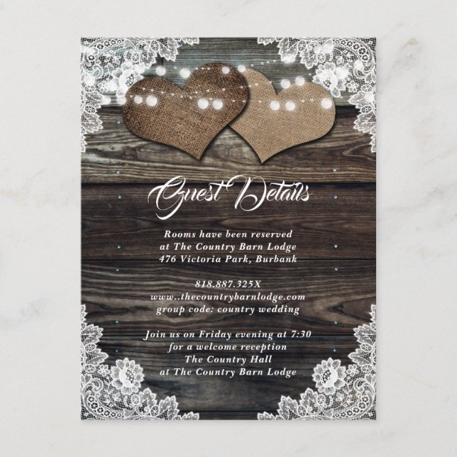 Rustic Country Wood Burlap Floral Lace Wedding Enclosure Card (Front)