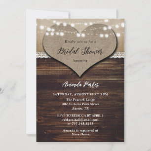 Rustic Country Wood Burlap Lace Bridal Shower Invitation