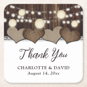 Rustic Country Wood Burlap Lace Lantern Wedding Square Paper Coaster