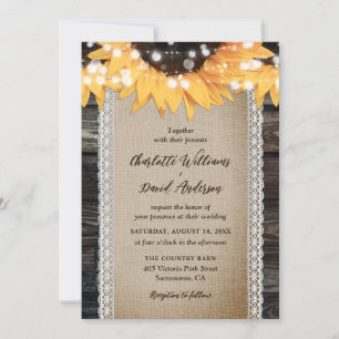 Rustic Country Wood Burlap Lace Sunflower Wedding Invitation