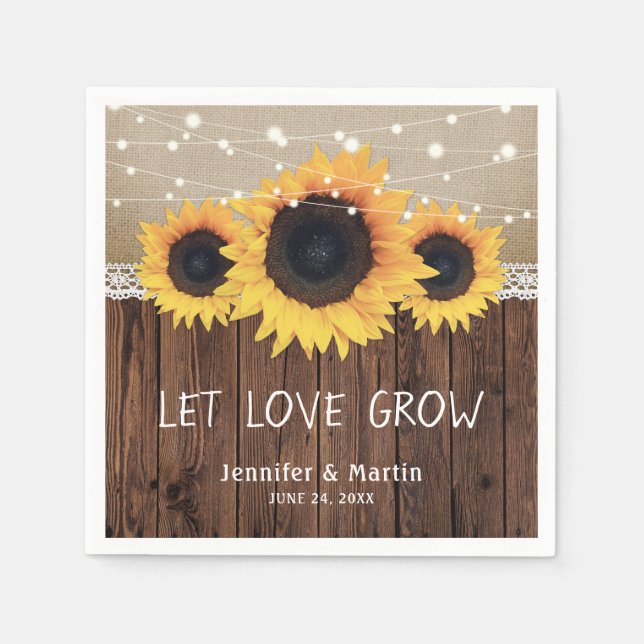 Rustic Country Wood Burlap Lace Sunflower Wedding Napkin (Front)