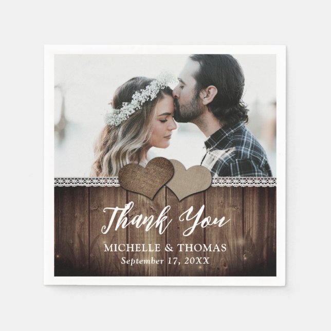 Rustic Country Wood Burlap Lace Wedding Photo Napkin (Front)
