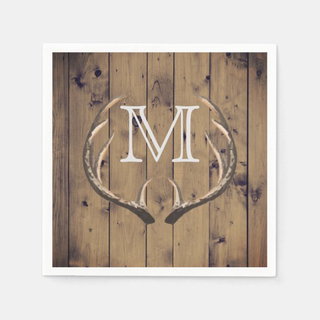 Rustic Country Wood Deer Antlers Monogram Napkin (Front)