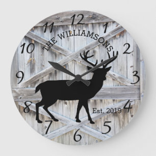 Rustic Country Wood Farmhouse Deer with Antlers Large Clock
