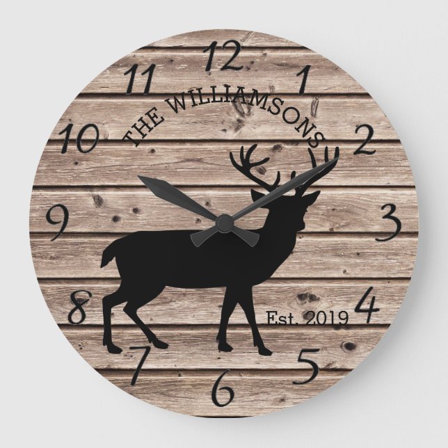 Rustic Country Wood Farmhouse Deer with Antlers Large Clock (Front)