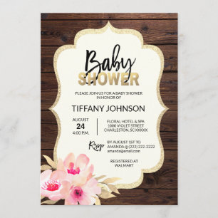 Rustic Country Wood Floral Pink Gold Baby Shower Invitation
