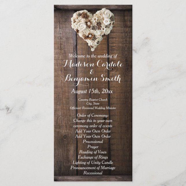 Rustic Country Wood Flowers Heart Wedding Programs (Front)