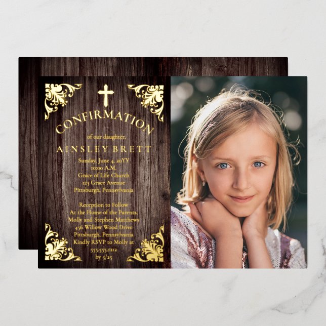 Rustic Country Wood Girl Photo Confirmation - Gold (Front/Back)