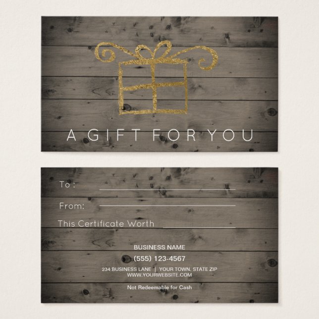 Rustic Country Wood Gold Gift Card Certificate (Front & Back)