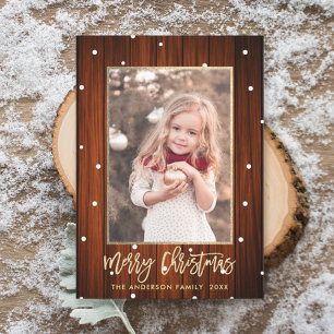 Rustic Country Wood Gold Merry Christmas Photo Holiday Card