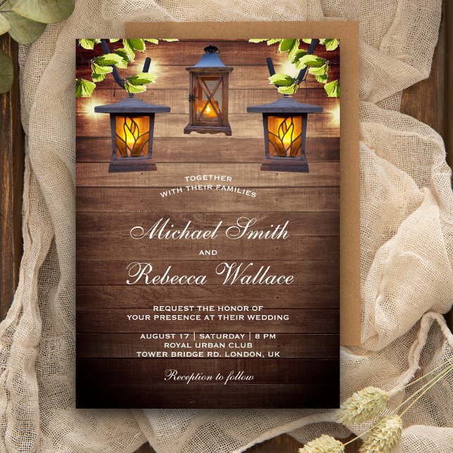 Rustic Country Wood Hanging Lanterns Wedding Invitation (Creator Uploaded)