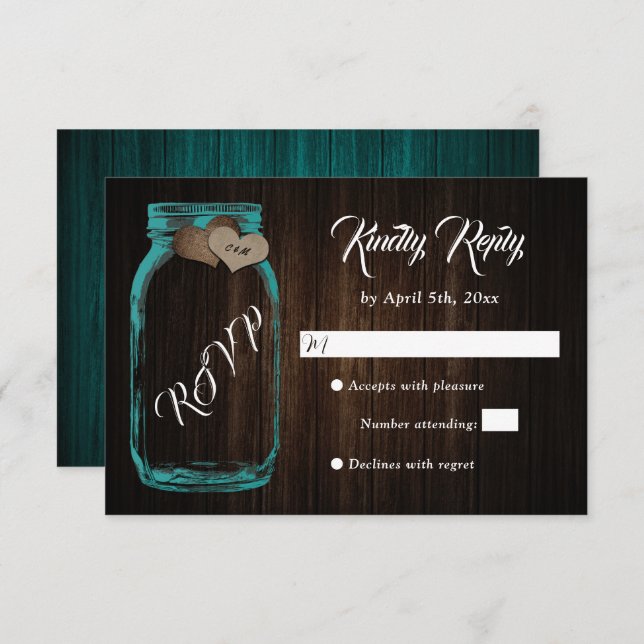 Rustic Country Wood Heart Mason Jar Wedding RSVP (Front/Back)