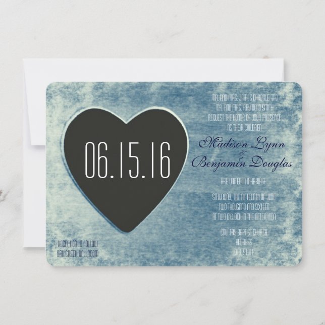 Rustic Country Wood Heart Wedding Invitations Blue (Front)