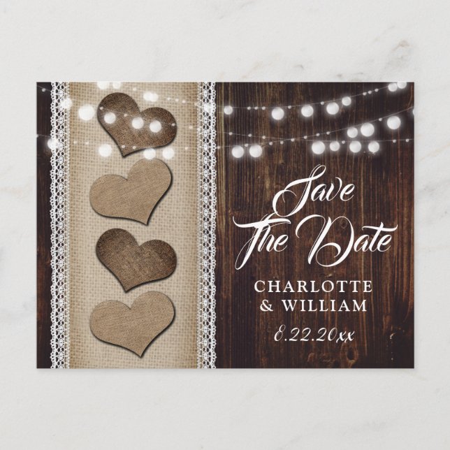 Rustic Country Wood Hearts String Lights Wedding Announcement Postcard (Front)