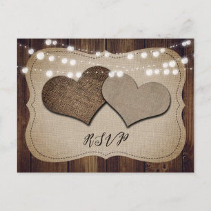 Rustic Country Wood Hearts Wedding RSVP Postcard