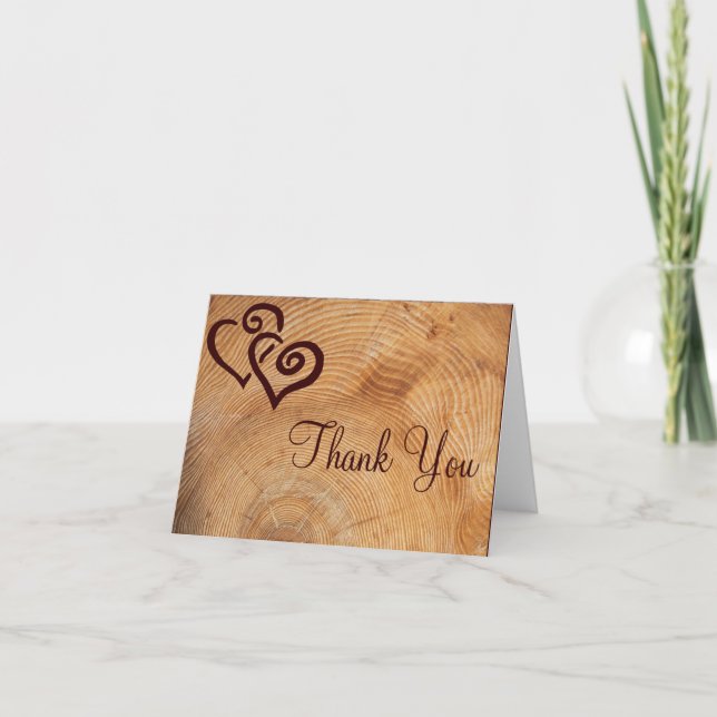 Rustic Country Wood Hearts Wedding Thank You Cards (Front)