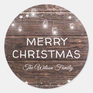 Rustic Country Wood Holiday String Lights Classic Round Sticker