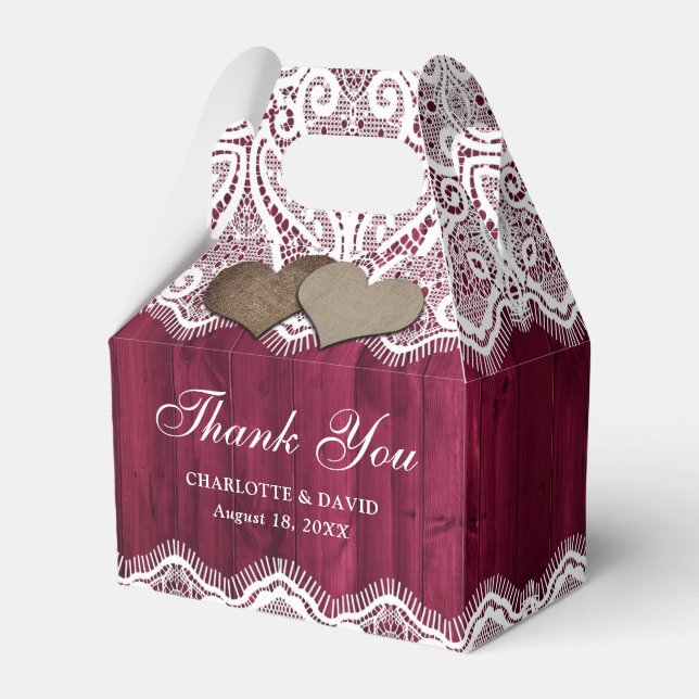 Rustic Country Wood Lace Burgundy Wedding Favour Box (Front Side)