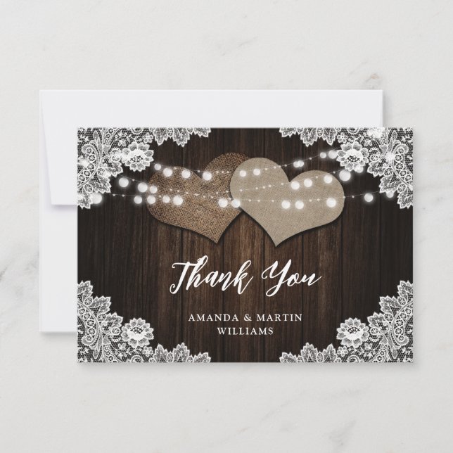 Rustic Country Wood Lace Burlap Heart Wedding Thank You Card (Front)
