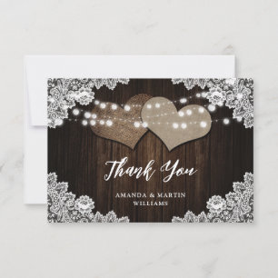Rustic Country Wood Lace Burlap Heart Wedding Thank You Card