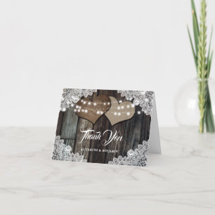 Rustic Country Wood Lace Burlap Hearts Wedding Thank You Card