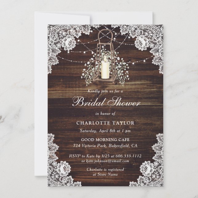 Rustic Country Wood Lace Floral Bridal Shower Invitation (Front)