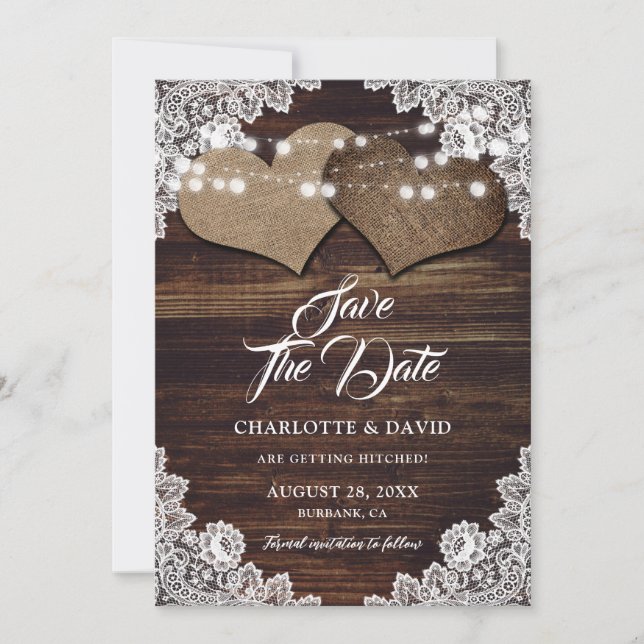 Rustic Country Wood Lace Getting Hitched Wedding Save The Date (Front)